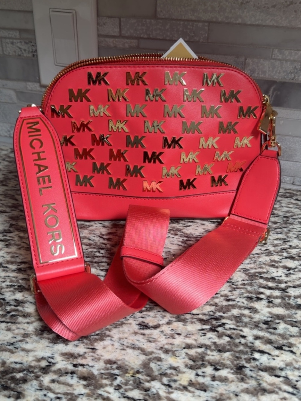 Michael Kors Coral-Red Logo Crossbody Bag with Gold Hardware